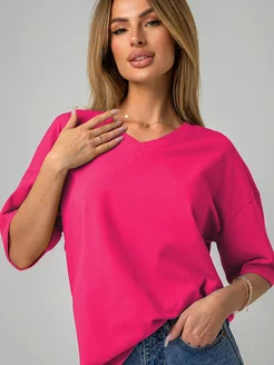 Футболка оверсайз с вырезом хлопковая базовая